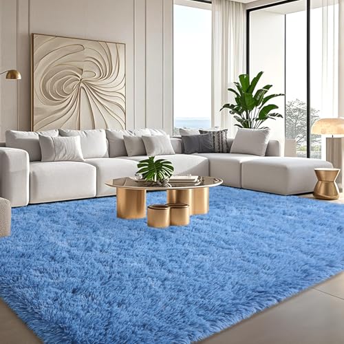 Large Blue Fluffy Rugs for Living Room 8x10 ft - Ultra Soft Faux Fur Area Rug - Plush Non-Slip Shaggy Carpet for Bedroom, Kids Boys Girls Dorm Nursery Room