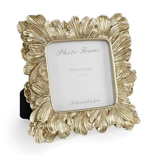 Gold Picture Frames 4x4, Vintage Gold Resin Photo Frame Palm Leaves Textured with Glass Front, Elegant Retro Square Frame for Wall and Tabletop Display Home Decor