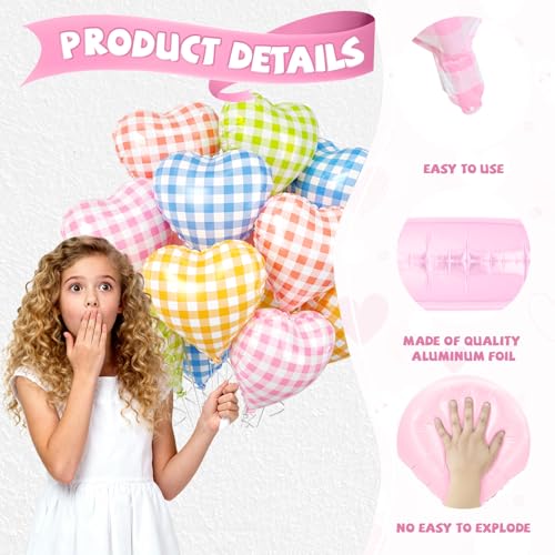 Image of Pastel Grid Heart Balloons, 10 Pcs Rainbow Checkered Heart Shape Balloon, 18 Inch Pink Yellow Blue Red Green Lattice Foil Balloons Helium for Kids Birthday Valentines Baby Shower Party Decorations