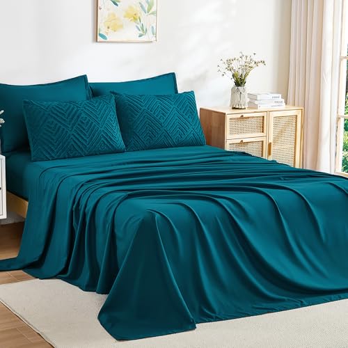 Image of Andency Oversized King Size Comforter Set 7 Pieces Teal - Bed in a Bag Oversized King Boho Lightweight Fluffy Tufted Bedding Sets with Comforter, Sheets, Pillowcases & Shams