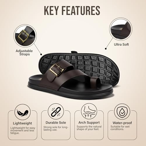 Image of Men's Premium Leather Toe Loop Slippers | Adjustable Buckle Slip-On Flats | Comfortable Cushioned Footbed | Casual Summer Beach Walking Slippers | Brown