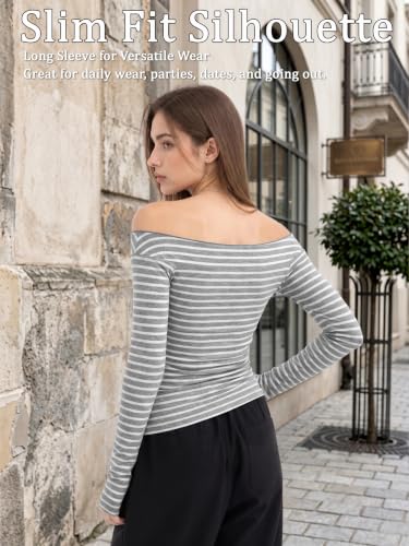Image of Women Off Shoulder Striped Long Sleeve Top 2026 Fall Going Out Tee Shirts