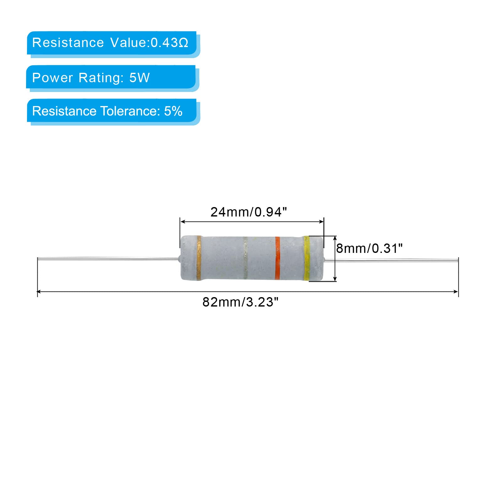 Résistances Carbone 5W 0.43 Ohm – Lot De 20 Pièces – Tolérance 5%