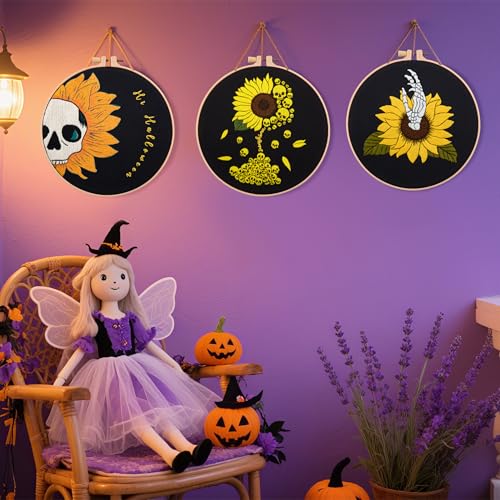 Image of Halloween Gothic Embroidery Kits for Beginners Adults, Skull Hand Embroidery Needlepoint Kits, Sunflower Stamped Cross Stitch Kits for Beginners Adult, 3 Set Embroidery Hoops (Attached Video Tutorial)