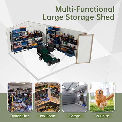 Image of Devoko 10x14 FT Outdoor Storage Shed, Large Metal Storage Sheds with Lockable Door, Utility Garden Tool Shed with Sloping Roof, Outside Steel Storage Sheds for Patio Lawn Backyard, Brown