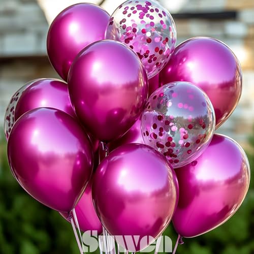 Image of SUWEN Metallic Hot Pink and Confetti Balloons Set 47PCS Magenta Latex | Helium Chrome Balloon for Birthday Valentine Anniversary Party Decorations