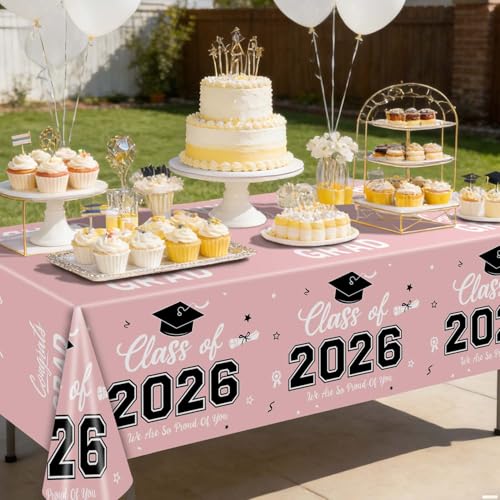 Image of Oigco 2 Pack Pink Graduation Tablecloths, Graduation Decorations Class of 2026, Congrats Grad Plastic Table Cloths for Graduation Party Decorations, 54 x 108 Inch