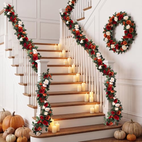 Aneco 4 Pack 32 FT Flower Garland Artificial Rose Vines Roses Fake Vine Flowers Plants Party Supplies for Fall Holiday Wedding Garden Craft Art Decoration (Terracotta, Burgundy, Cream) by Aneco - Used condition - Image 5