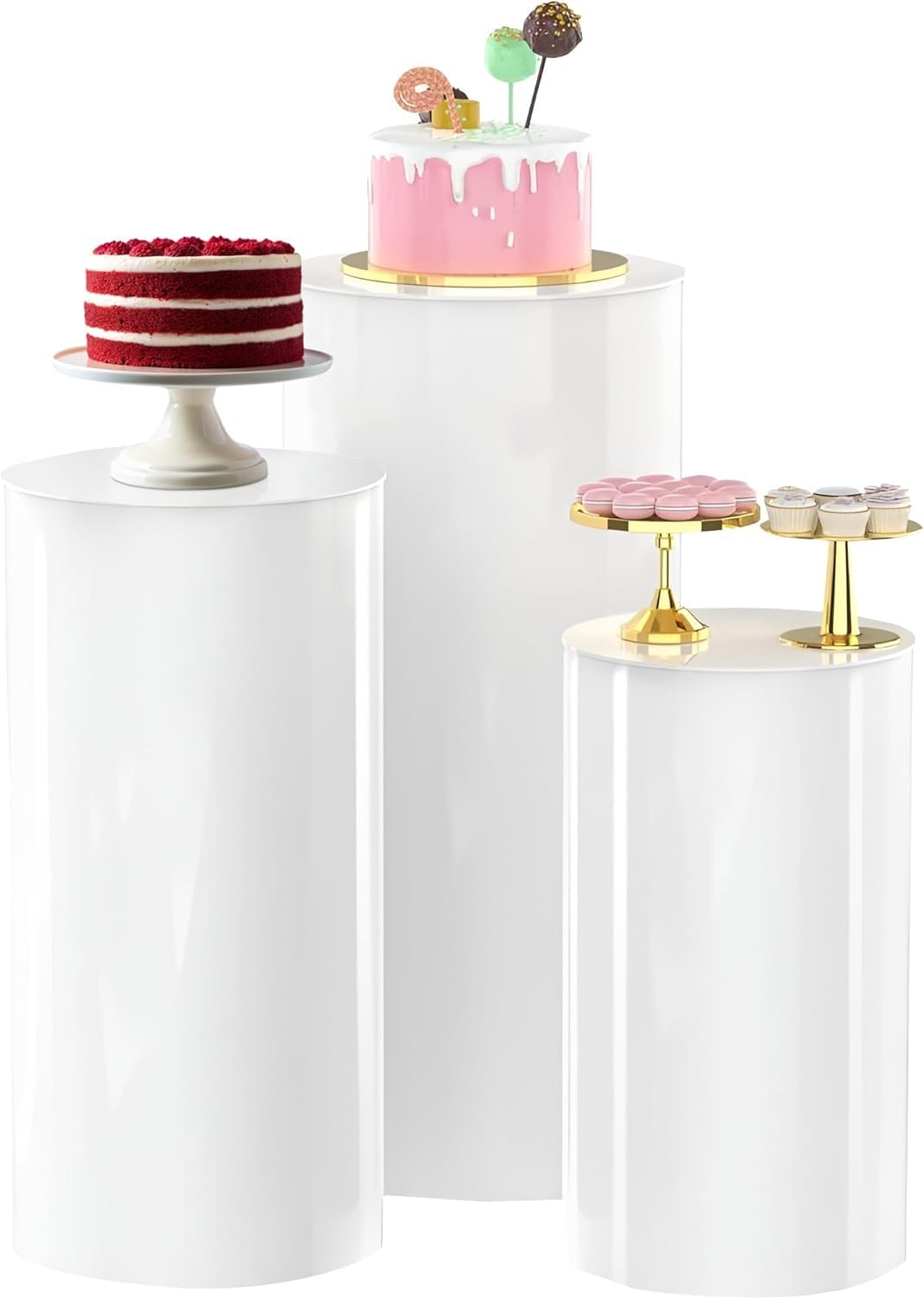 White Plinth Stand Set of 3, Tall Cake Table Display Stands for Wedding, Birthday and Party Events, Heavy Duty Pedestal Decoration 60/75/90cm
