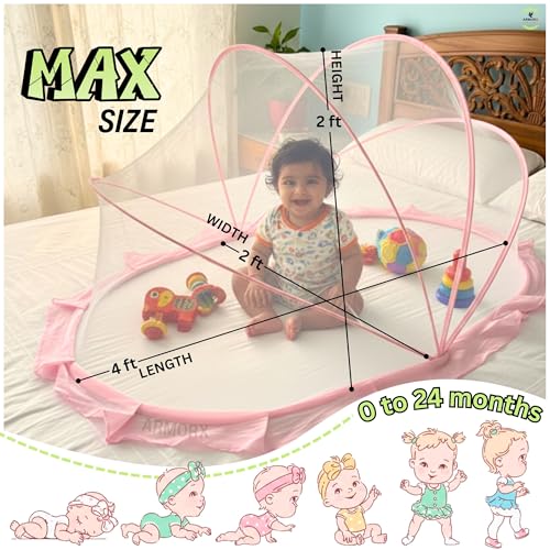 Image of ArmorX Baby Mosquito Net for Bed, Cot, Crib | Bubblegum Pink | Newborn - 24 Months | Foldable, Washable & Breathable Insect Mesh with Easy to Carry Travel Bag | Chemical-Free Protection for Toddlers