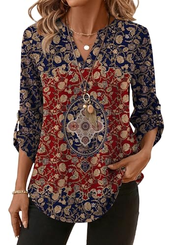Image of XIEERDUO 3 /4 Length Sleeve Womens Tops V Neck T Shirts Both Side Buttons Blouses Business Casual Outfits Loose Fit