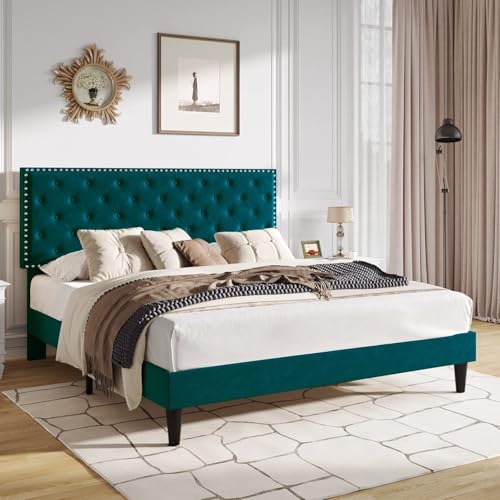 Image of Julius Upholstered Bed Queen Size Without Storage Solid Sheesham Wood | Modern Premium Fabric Upholstery Cushion Headboard | Queen Bed for Bedroom Wooden Double Bed Cot 78x60 Inch Queen