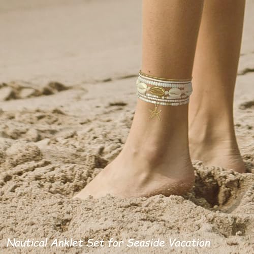 Seashell Starfish Jewelry Set for Women Sea shell Charm Necklace Summer Beach Bracelets Ocean Earrings Rings Nautical Anklet Set for Seaside Vacation4