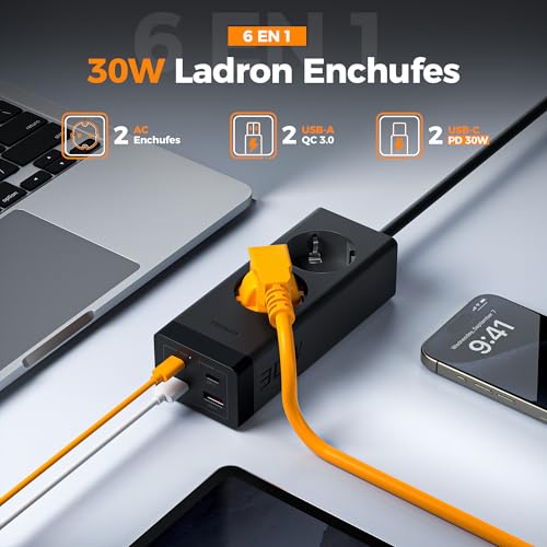 Ladron enchufes multiple con USB C carga rapida y regleta proteccion 3600W 2