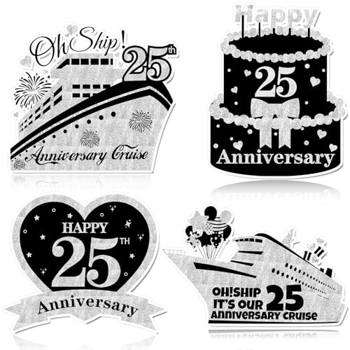 4 PCS Large 25th Anniversary Cruise Door Decorations - Happy 25th Anniversary Cruise Ship Door Decor Magnetic Wedding Magnets for Cabin Stateroom (Black Silver)