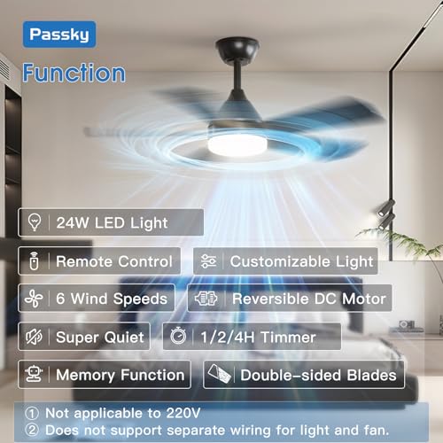 Image of Passky Ceiling Fans with Lights, 42 inch Sleek Ceiling Fan with Light and Remote Control, 3CCT, Dimmable, Reversible, Noiseless, Black Ceiling Fan for Bedroom, Living Room