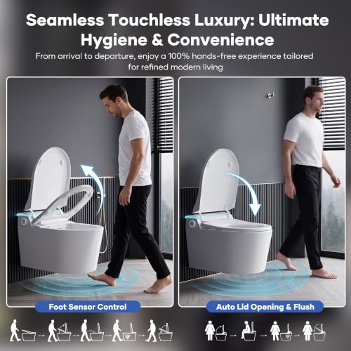 Inodoro inteligente montado en la pared con bidé, tapa automática, capacidad 500 lbs, control por sensor de pie, asiento calefactable y secador de aire, sin límite de presión de agua, control remoto inalámbrico miniatura 6