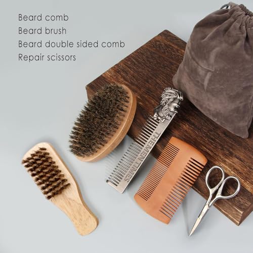 Beard Brush and Comb Set with Mustache Scissors Grooming Kit, Natural Boar Bristle, Dual Action Wood Comb, Dual Side Brush for Men's Facial Hair, Travel Bag - Image 3