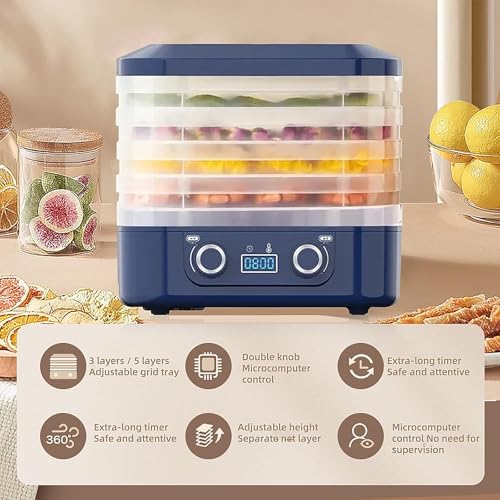5-Tray Mini Electric Food Dehydrator, Adjustable 35-75℃ Temperature Control, 48H Timer, Removable Trays for Fruits, Vegetables, and Meat - White & Blue