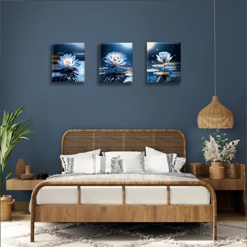 Image of Blue Lotus Flower Wall Art Prints,Framed Watercolor Lotus Flower Print Wall Art for Zen Office Decor,Botanical Canvas Art Prints for Bathroom Home Office Living Room Yoga Decor Set of 3(8 inchX10 inchin)