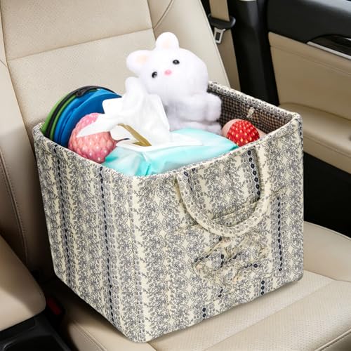 Image of Quilted Fabric Basket Foldable Car Storage Boho Floral Laundry Basket Hamper for Nursery Bedroom & Living Room | Organize Clothes Toys