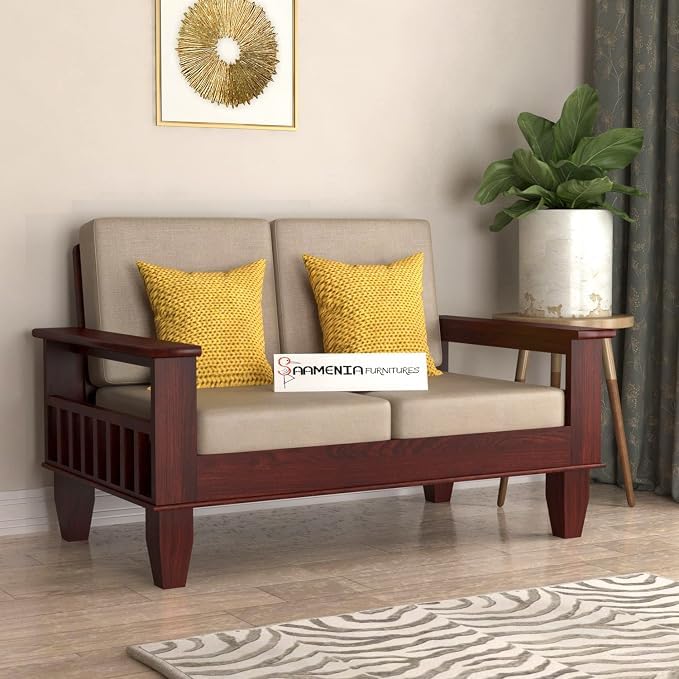 Image of Sheesham Wooden 2 Seater Sofa for Living Room | Rosewood 2 Seater Cushion Sofa with Side Newspaper Holder for Home & Office | Solid Wood Sofa Set for Lounge (Mahogany)