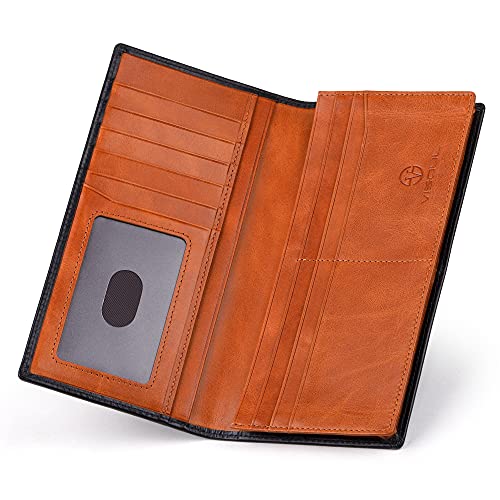 Image of VISOUL Leather Checkbook Cover Wallet for Men with RFID Blocking, Mens Long Bifold Cash Tall Wallet with 11 Credit Card Slots 1 ID Window (Black and Orange)