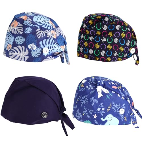 Zidoley OP - Juego de 4 gorros de algodón unisex para hombre y mujer, ajustable con cinta y banda para el sudor, gorro quirúrgico reutilizable para médicos, cuidados y dentistas, Serie Azul, Talla