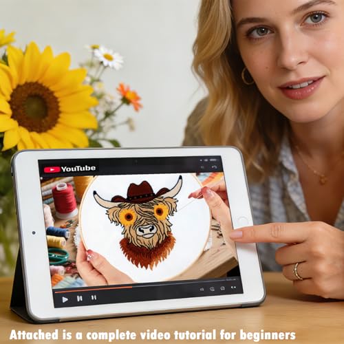 Image of Highland Cow Embroidery Kits for Beginners Adults, Animal Hand Embroidery Starters Kits, Stamped Cross Stitch Kits DIY Needlepoint Kits for Beginners Adults, Embroidery Hoop, Thread and Video Tutorial