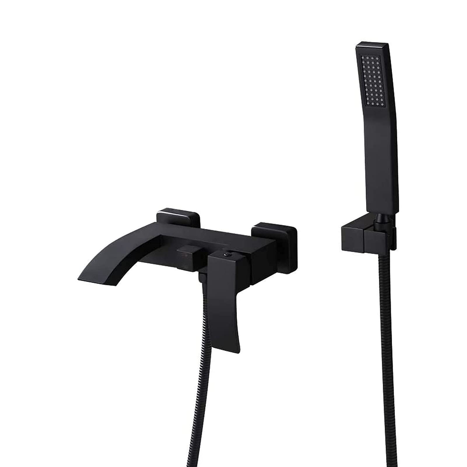 CWCQGH Waterfall Bathtub Shower with Hand Shower, Modern Brass Wall Mounted Tub Faucet, Bathroom Cold and Hot Bath Shower Mixer Taps,Black