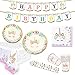 WILDPARTY Zestaw dekoracji urodzinowych z jednorożcem, zawiera baner Happy Birthday, obrus, filiżanki, talerze, serwetki, naczynia na imprezę z jednorożcem na urodziny dziecka, wyprodukowano w Chinach