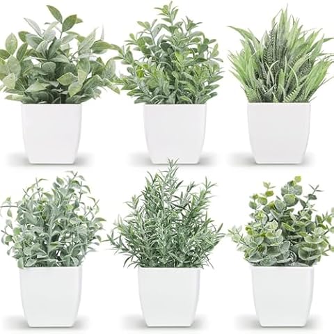 TBUY ROSE 6 Pots Small Fake Plants Mini Artificial Potted Plants Eucalyptus Spring Grass Magnolia Bean Leaf and Rosemary Faux Plants for Table Desk Home Bathroom Office Farmhouse Decor, Grey Cover