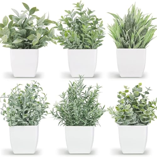 TBUY ROSE 6 macetas pequeñas de plantas artificiales en maceta, eucalipto, primavera, hojas de frijol y romero para mesa, escritorio, hogar, baño, oficina, granja, decoración, color gris