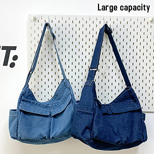 Image of LassZone Canvas Messenger Bag Large Crossbody Bag Hobo Shoulder Handbags Multi Pocket Denim Tote Bag for Women or Men