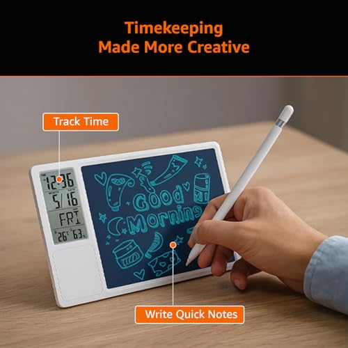 Image of Amazon Basics Digital Writing Pad Clock with Alarm, White color, ABS,Temperature Display, Calendar, 12 /24 Hr Format, Backlight-Free Design, Cell Battery Powered, Wall /Table Mount (Size: 263 x 10 x 165 mm)