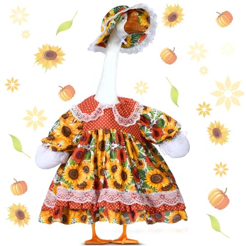Soulchen 1 Set Fall Sunflower Porch Goose Outfit 23 Inch Autumn Cement Goose Clothes Dress and Hat Costume Set for Summer Thanksgiving Day Lawn Garden Yard Decor