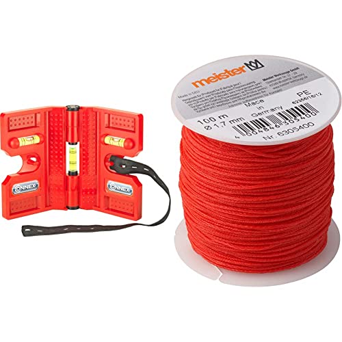 Connex Pfostenwasserwaage 13,5 cm, COXT743135, Rot & Meister Maurerschnur rot - 100 m Länge - Ø 1,7 mm - Polyethylen geflochten - Knotenfest - Reißfest & Belastbar - Auf Spule/Richtschnur / 6305400