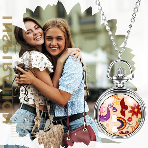 Image of Avaner Flower Printing Pocket Watches: Colorful Flower Analog Quartz Silver Pocket Watches with Chain for Men and Women