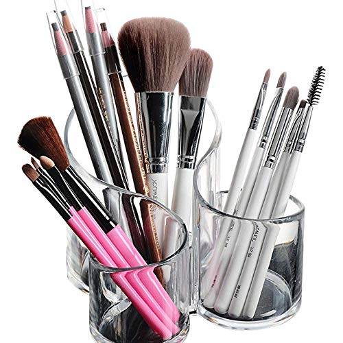 Image of Acrylic Makeup Brush Holder | 3 Compartment Cosmetic Organizer for Brushes, Comb, Eyeliner, Lipstick & Stationery | Transparent Vanity Storage Box for Dressing Table & Bathroom