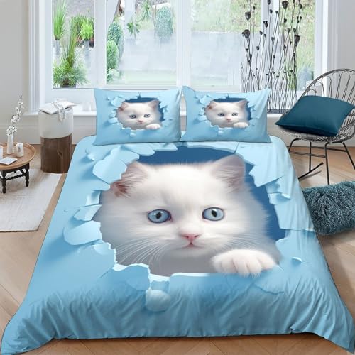 Housse de couette 200x200 chat bleu microfibre fermeture éclair lit double ado