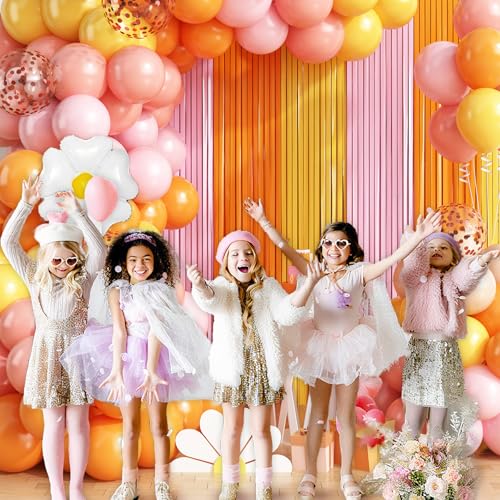 Image of Groovy Daisy Balloon Arch Garland Kit Birthday Party Decorations, Pink Orange Yellow Foil Fringe Backdrop Tinsel Streamer for Hippie Boho Groovy One Two Flower Party Decor Supplies