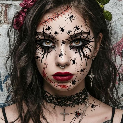 Image of 18 Sheets Horrible Spider Spiderweb Temporary Tattoos Halloween Eye Tattoos Face Tattoo Sticker, Realistic Scary Bloody Stitch Wound Fake Scar Tattoos Halloween Vampire Zombie Makeup Party Accessories