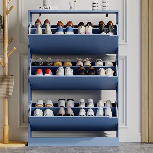 Image of Xixini Shoe Storage Cabinet for Entryway with 3 Flip Drawers, Sturdy Wood Hidden Shoe Storage, Freestanding Narrow Slim Shoe Organizer for Front Door Entrance, Living Room, Hallway, Bedroom, Blue