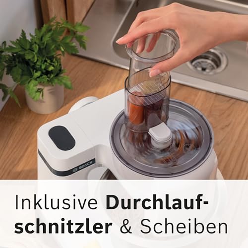 Bosch Küchenmaschine Serie 2, kleine Küchenmaschine, 3,8l Kunststoff-Schüssel, Durchlaufschnitzler, 4 Scheiben, 4 Stufen, Knethaken/Rührbesen/Schlagbesen, spülmaschinenfest, 700 W, weiß, MUMS2AW01