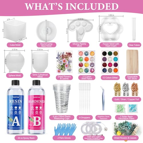 Image of Epoxy Resin Kit with Light for Beginners, 34OZ Epoxy Kit with Dried Flowers, Measuring Cups and Resins Supplies, Resin Kit and Molds Complete Set DIY Crafts for Adults, Epoxy Set with Vase Mold