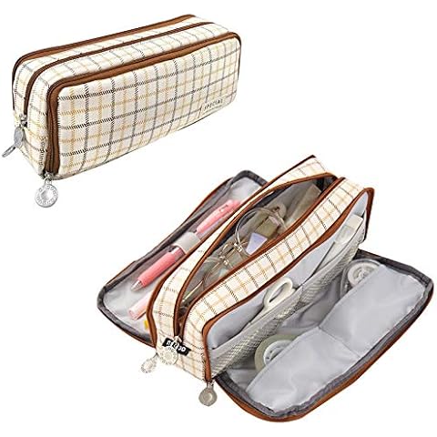 Pencil Case,Big Capacity 3 Compartments Canvas Pen Pencil Pouch Double Open Pencil Pouch Makeup Bag Stationery Storage Case,for Student College Middle High School Supplies 21x8.5x5cm Cover