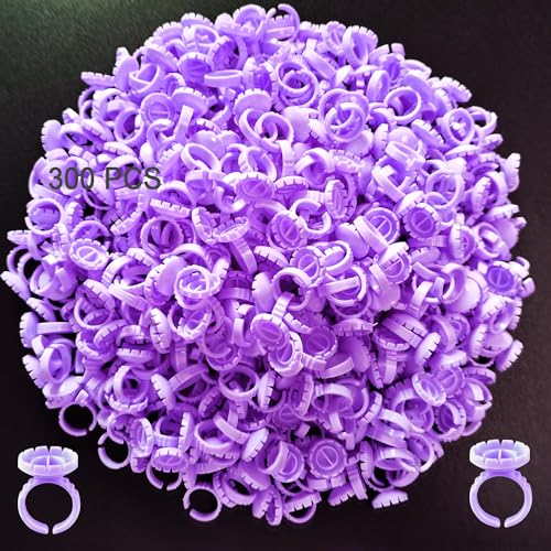 Glue Rings for Eyelash Extension 300 PCS Lash Extension Glue Ring Eyelash Rings for Glue Disposable Glue Ring Lashes Eyelash Glue Holder Lash Extension Lash Rings Lash Fan Blossom Glue Cups Purple