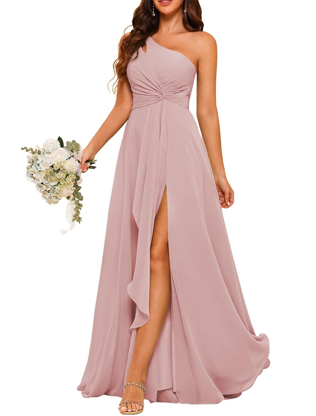 HPPEE Chiffon One Shoulder Bridesmaid Dress with Pleated Long A Line Prom Dress for Women WYX476 Dusty Rose UK10