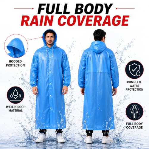 Image of Full Length Waterproof Raincoat for Men & Women | Hooded Transparent Rain Wear with Sleeves | Reusable Long Rain Jacket for Bike Riding, Travel, Camping & Monsoon Protection