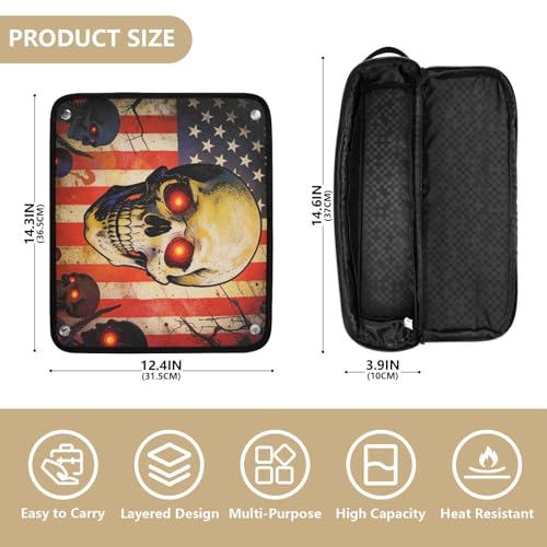 Bolsa de viaje para herramientas de cabello con tapete resistente al calor removible, estuche de transporte de doble capa para planchas, rizadores y secadores de pelo, con diseño de bandera USA y calavera patriótica miniatura 4